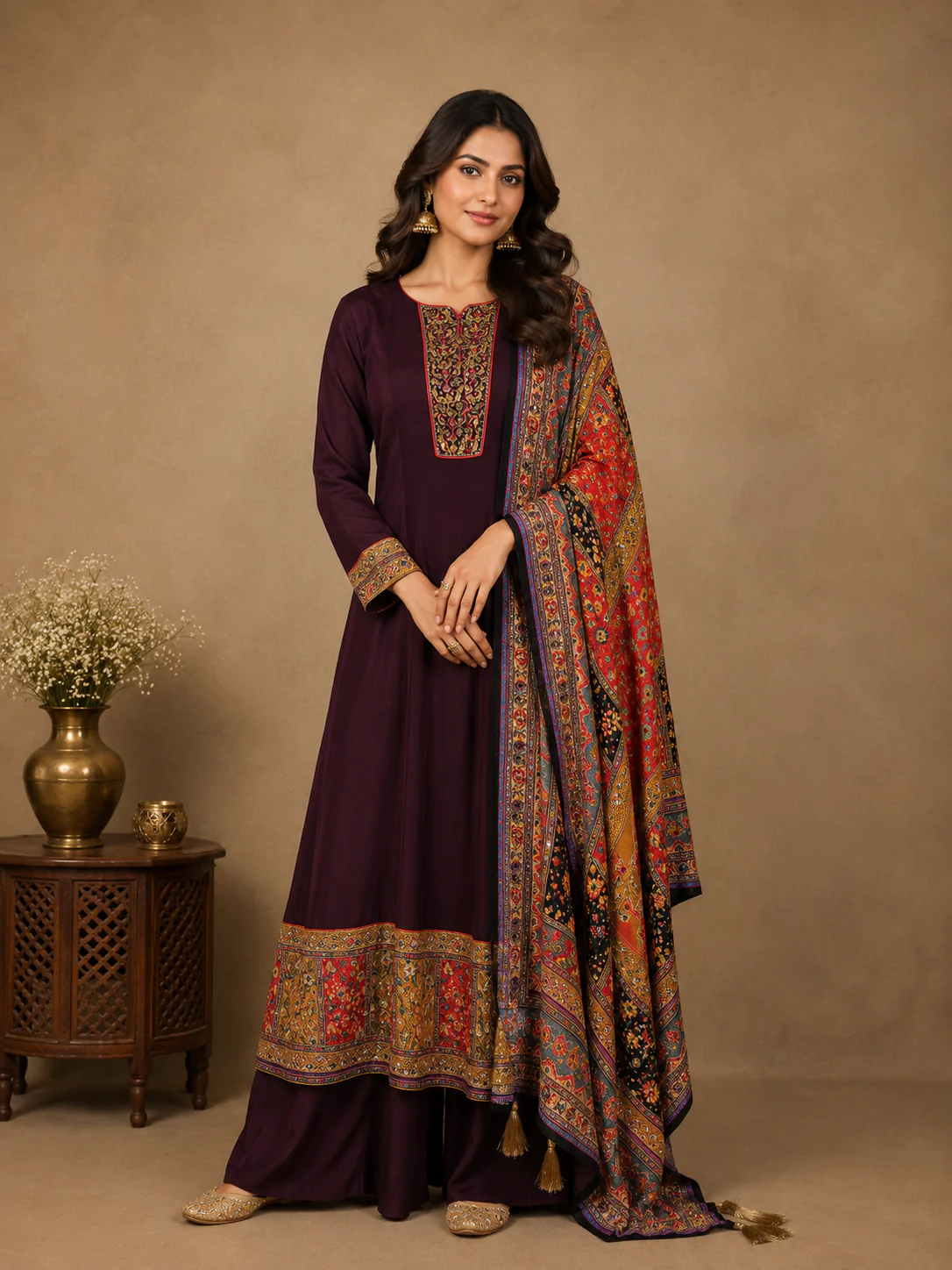 Burgundy Floral Designed Semi Silk Anarkali Salwar Suit